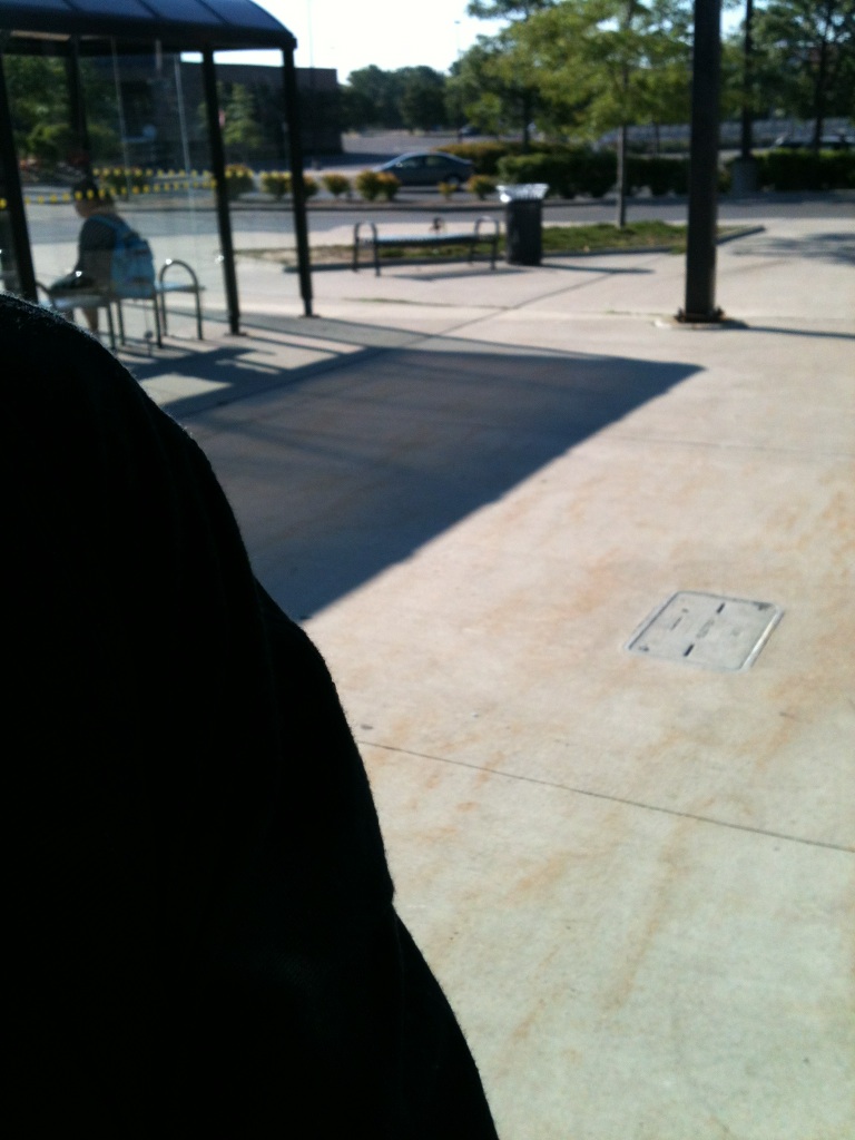 A photo captured by a person who is blind. A computer-generated caption for this photo is: A person sitting on a sidewalk at a park.