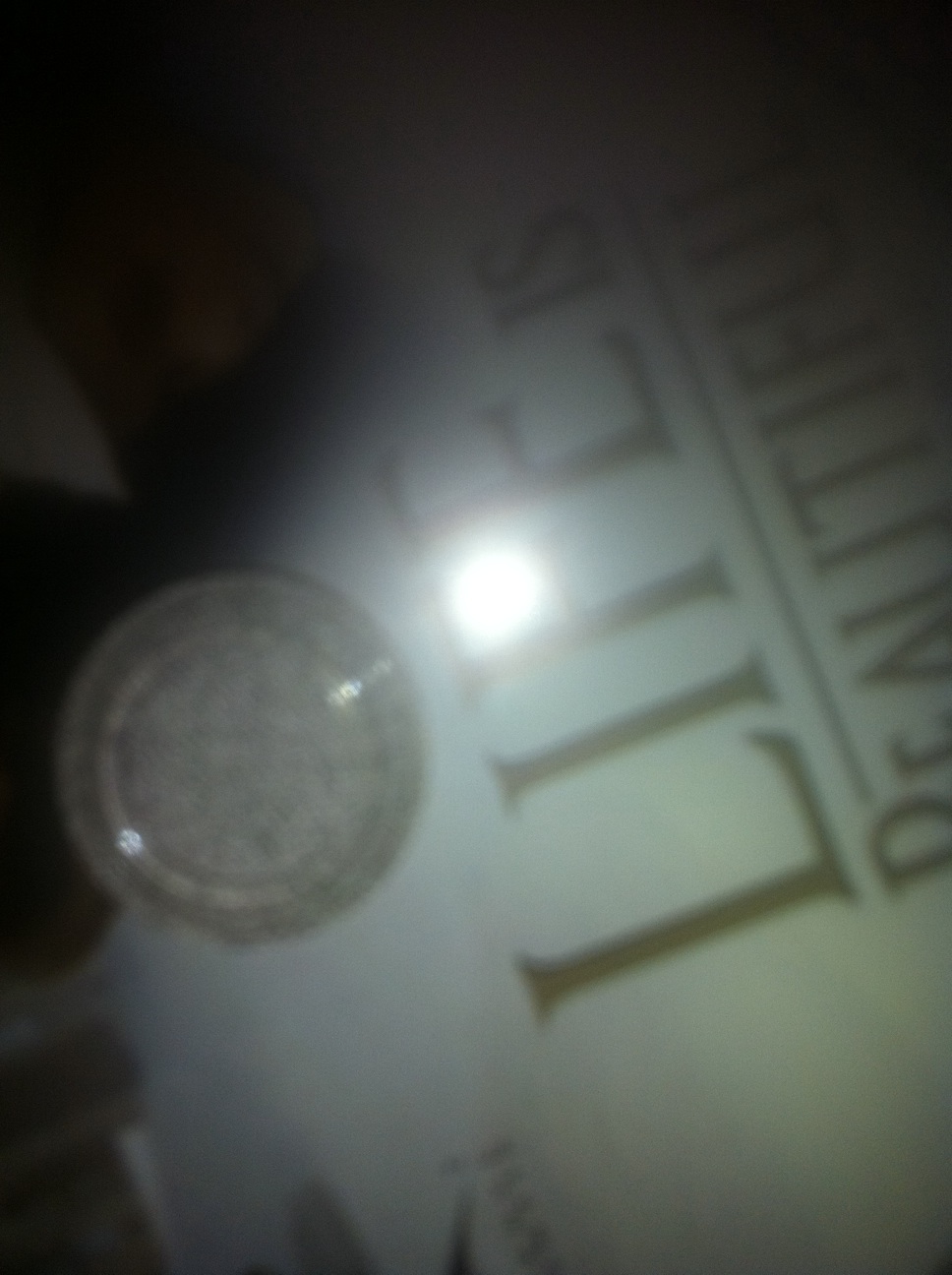A photo captured by a person who is blind. A computer-generated caption for this photo is: A close up view of a glass light.