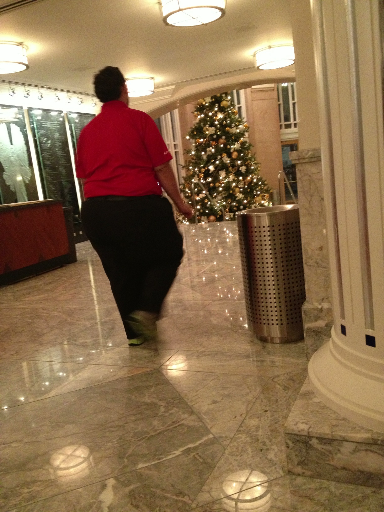 A photo captured by a person who is blind. A computer-generated caption for this photo is: A man standing in front of a christmas tree.